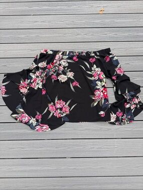 City Chic Black Off-Shoulder High-Low Top with Pink Floral